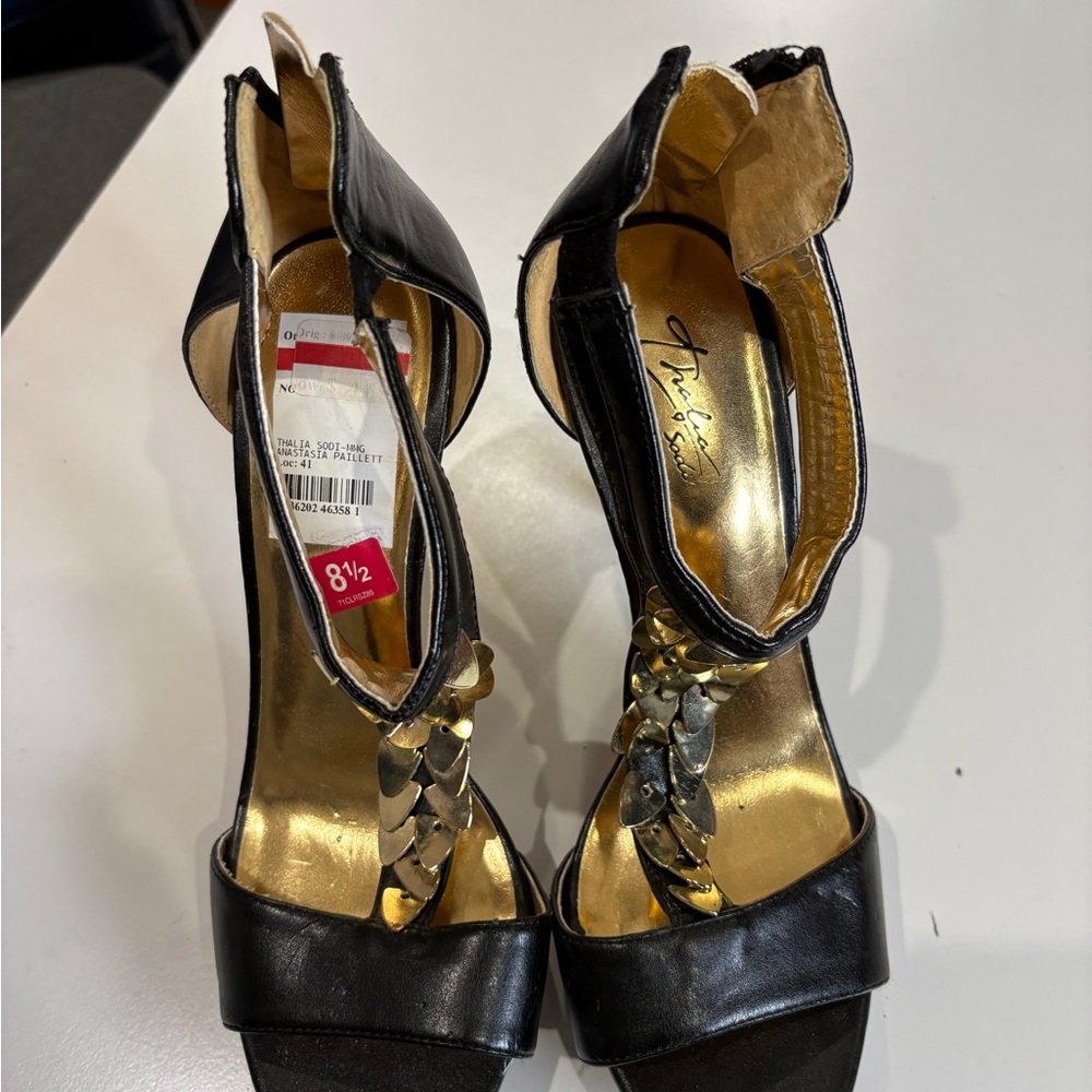 Thalia Sodi Black and Gold Heels